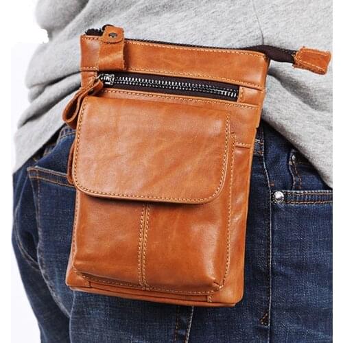 Outdoor Casual Mens Business Leather Pocket First Layer Cowhide Multifunctional Zipper Crossbody Bag