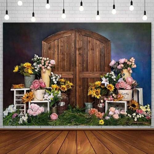 Avezano Spring Backdrop Baby Shower Sunflower Green Leaf Wood Door Birthday Photography Background Photo Studio Photocall Decor