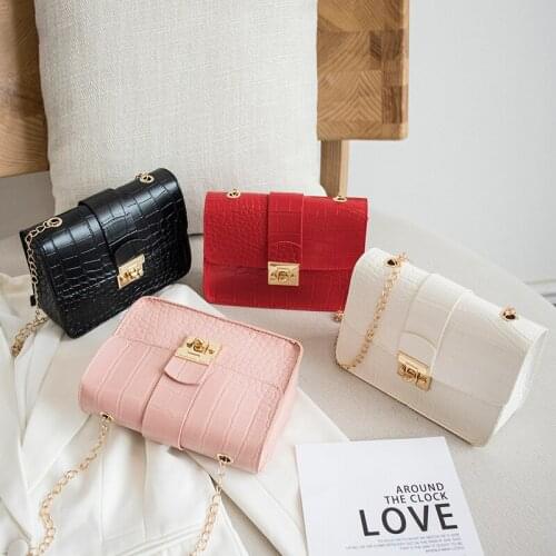 Womens Crocodile Grain Small Square Bag Solid Color Pattern Lock Chain Shoulder Crossbody Bag Fashion Leisure Mobile Phone Bag