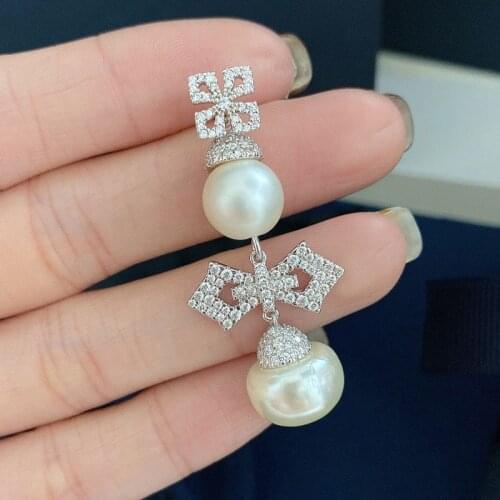 SLJELY High Quality Fashion Real 925 Sterling Silver Single Cross Earring with Pearl Zirconia 1PC for Women Fine EDEN Jewelry