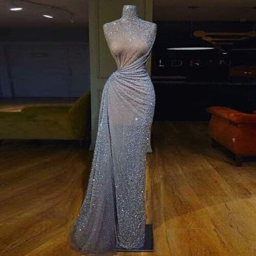 Stand Out Sparkling Silver Sequins Prom Dresses 2020 High Neck Sleeveless Draped Long Women Formal Dress Evening Gowns vestidos