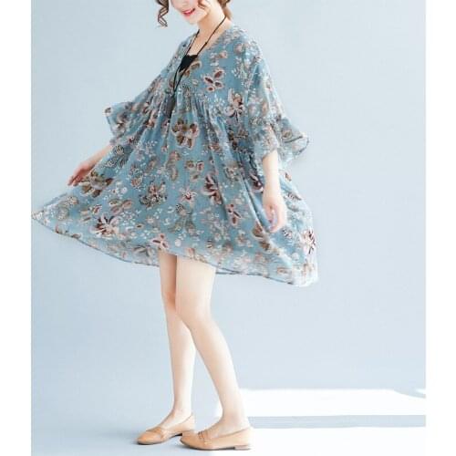 Making Large Size Women Floral Chiffon Ladies V Collar Waist Lace Dress flower Printing Pregnant women very big size one summer