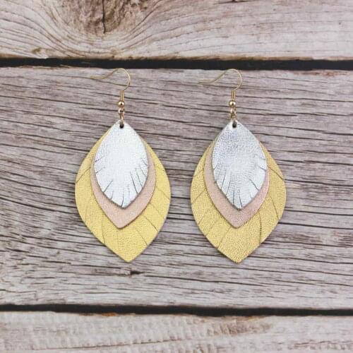 ZWPON Triple Layered Genuine Leather Leaf Earrings for Women Fashion Mixed Colors Leather Feather Earrings Jewelry Wholesale