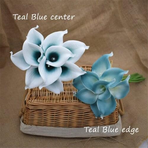 10 Teal White Center Calla Lilies Real Touch Flowers For Silk Wedding Bouquets, Centerpieces, Wedding Decorations