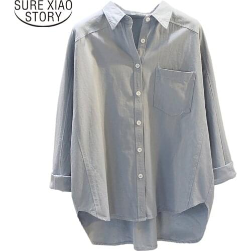 2021 Cardigan Ladies Tops Spring Pocket Solid Long Sleeve Shirt Women Plus Size Loose Cotton Bottoming Blouse Women 8891 50