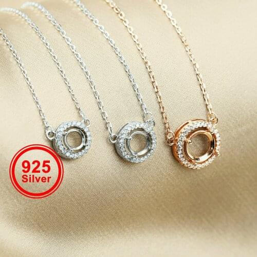 5-8MM Gems CZ Stone Round Prong Bezel Settings Solid 925 Sterling Silver DIY Pendant Charm Tray with 15'' Necklace Chain 1411215