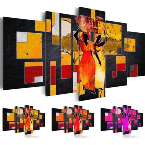 5 Panel Canvas Wall Abstract African Women Landscape Canvas Painting Frameless Wall Art Painting Living Room Decor (No Frame)