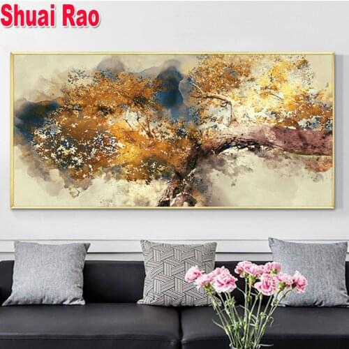 Full Square/Round drill Diamond painting Abstract Textured Brown Trees with Yellow Leaves,Diamond embroidery Cross stitch
