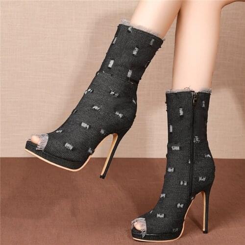Girls Peep Toe Ankle Boots Women Canvas Slim High Heel Gladiator Sandals Female Summer Wedding Party Platform Pumps Casual Shoes