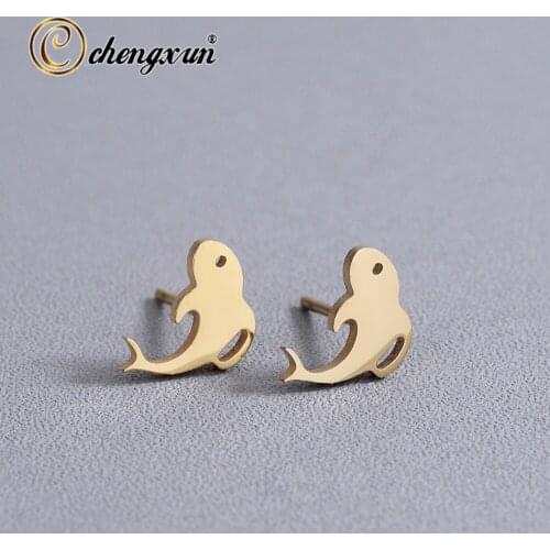 CHENGXUN Cute Animal Sea Dolphin Stud Earrings for Women Girls Stainless Steel Mental Jewelry Birthday for Friend Kid Child