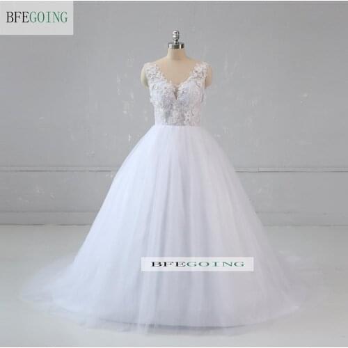 White Tulle Satin Lace V-Neck Floor-Length Bridal gown Ball gown Wedding dress Chapel Train Custom made