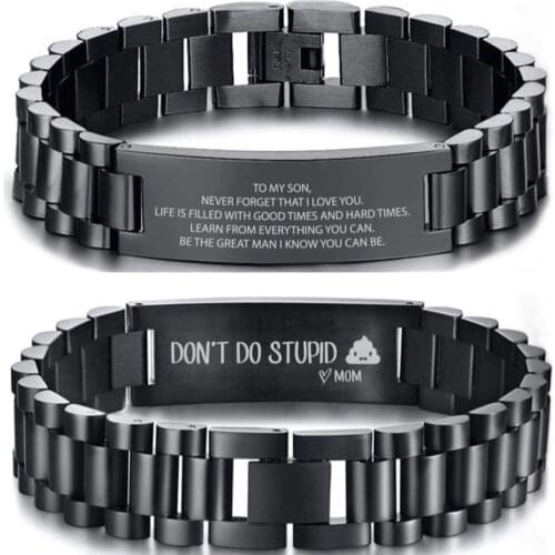 MYLONGINGCHARM Personalized Men Bracelet-free engrave your message-15MM wide Black Stainless Steel Men Watch Band Bracelet