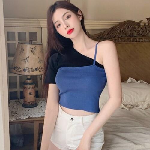 Irregular Unique Style Womens T-shirt Color Sexy Versatile Knitted Short Sleeves T-shirt Tops 2021 Korean Fashion Summer Wear