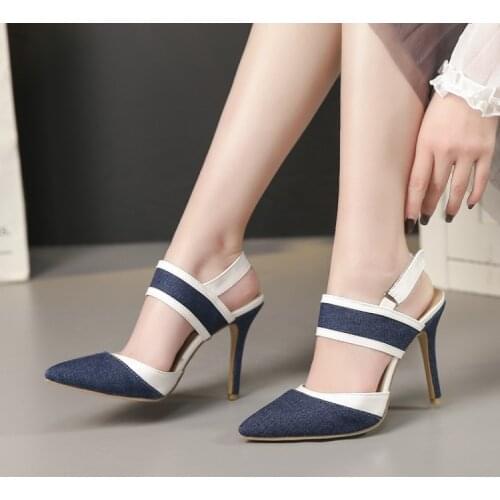 Spring and summer new sandals sexy pointed toe buckle stiletto sandals denim fashion wild color matching womens shoes