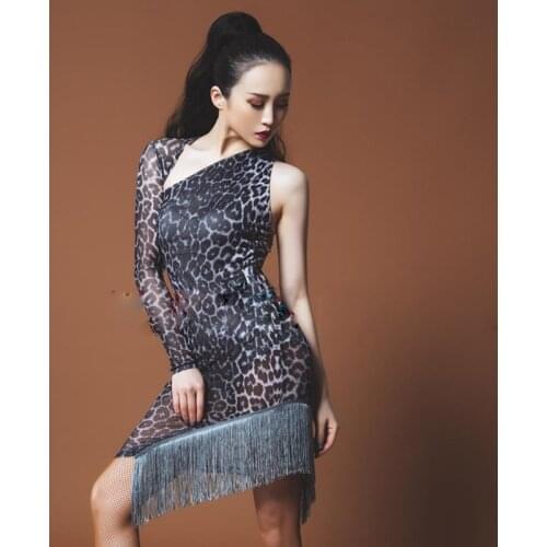 Latin Dance Dress Lady Sexy Leopard Print One-Sleeve Tassel Performance Dresses Cha Cha Tango Samba Salsa Stage Wear DNV13141