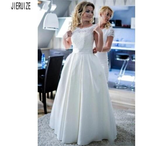 JIERUIZE Simple Wedding Dresses Scoop Neck Lace Up Back A-Line Bridal Gowns Satin Lace Women Bride Dresses robe de mariee