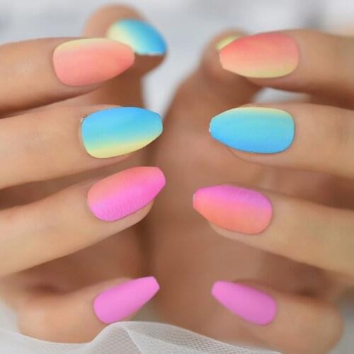 Rainbow Color Pattern Medium Coffin Nails Neon Reusable Gel Tips Detachable Fakw Nails Full Cover Nails Fingernails Echiqnails