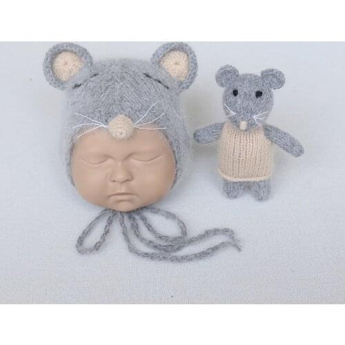 Hand Crochet Mohair Toy Newborn Knit Teddy Bear Toy Bonnet Set Photography Props Lovely Teddy Toy Photo Prop Baby Shower Gift