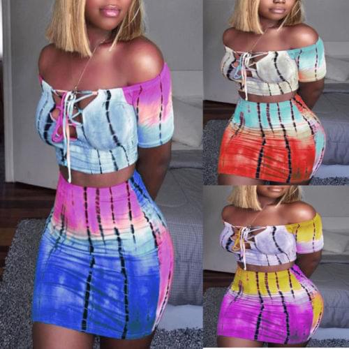 Sexy Womens Bodycon Two Piece Dress 2018 New Fashion Colorful Print Bandage Hollow Crop Top&High Waist Dress Outfit Clubwear2XL