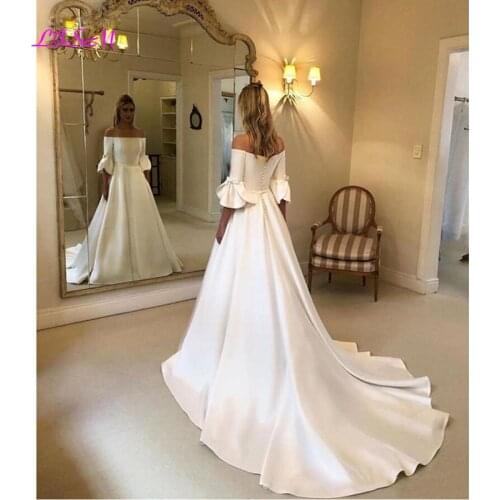 Princess Wedding Dresses Flare Sleeves Off The Shoulder Wedding Bride Dress Long Train Buttons Back Wedding Ball Gown