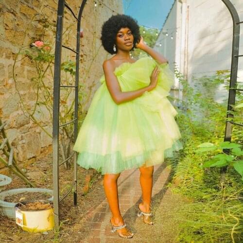 Light Green Simple Fashion Women Dress Strapless Tulle Ruffle Layered Knee Length Evening Dress Plus Size Photography Plus Size