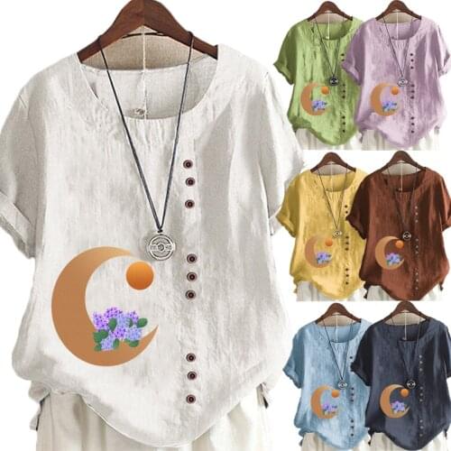 2021 Summer Womens Fashion Moon Flower Printed Short Sleeve Round Neck Blouse Ladies Linen Button Tops Loose T-shirts Plus Size