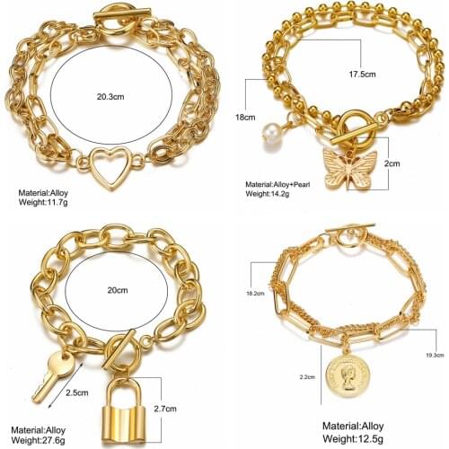 Punk Gothic Imitation Pearls Lock Bracelets Butterfly Female Bracelet Bangles for Women Love Key Fashion Gold Coin Jewelry