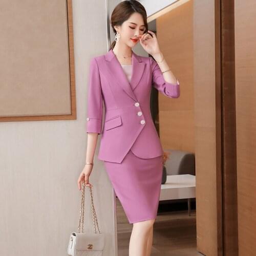 Spring Summer Women Skirt Suits Pink Blazer and Jacket Sets Half Sleeve Business Work Ladies Office Uniform Style
