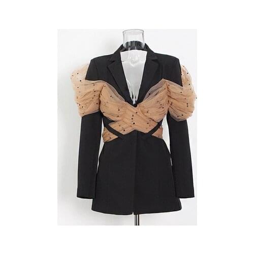 Women Suit Blazer Fashion Patchwork Mesh Ruffles Hollow-out Back Black Casual Office Lady Blazer Top