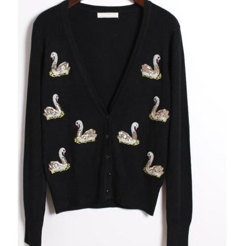New embroidery sequins white goose knitted cardigan sweater women