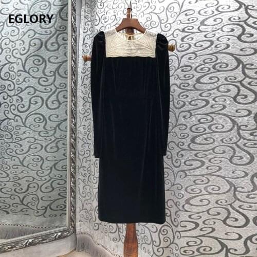 Luxury Dress 2020 Autumn Winter Party Vintage Women Hand Made Beading Deco Long Sleeve Mid-Calf Length Black Velvet Dress Female