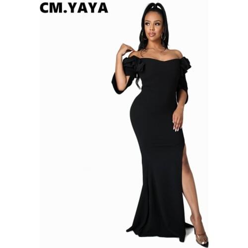 CM.YAYA Women Long Dress Solid Half Sleeve V-neck Back Zipper Splited Maxi Dresses Sexy Vintage Fashion Vestidos Summer Outfits