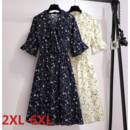 Summer Bow Collar Mid-Calf High Waist Dress Big Plus Size Printed Floral Elegant Office Ladies Chiffon Tunic Midi Dress