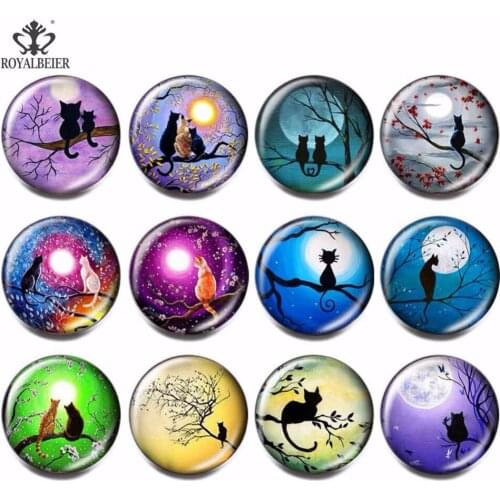 12pcs/lot 18mm Cat Pattern Glass Charms Vintage Snap Buttons Glass Beads Fit 18mm Bracelets Jewelry Wholesale New