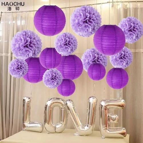 16pcs/set Hanging Paper Lanterns Tissue Paper Pom Pom Ball Flowers For Baby Shower/Wedding Party Decor Festival Home Decoration