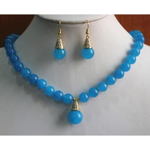 2017 Free shipping@@@@@ Charming 8mm Blue Natural stone Hook Earring Necklace Jewelry Pendant Set