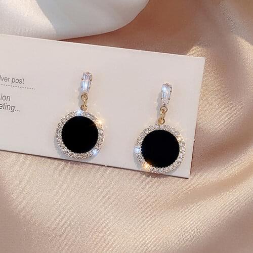 2020 New Trenfd Korea Trendy Rhinestone Black Enamel Round Metal Geometry Dangle Earring For Women Gold Drop Earring Jewelry