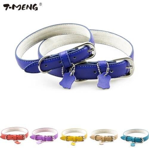 T-MENG Pet Products Genuine Leather Dog Collar Small Medium Large Dog Collars Solid Soft Neck Strap Cat Collar Tag Dog Supplies
