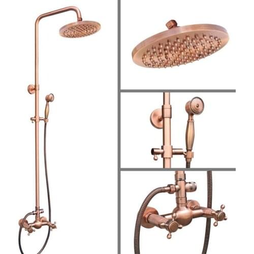 Antique Red Copper Brass Wall Mounted Bathroom Rain Shower Faucet Set Mixer Tap 8" Round Shower Head Dual Cross Handles arg523