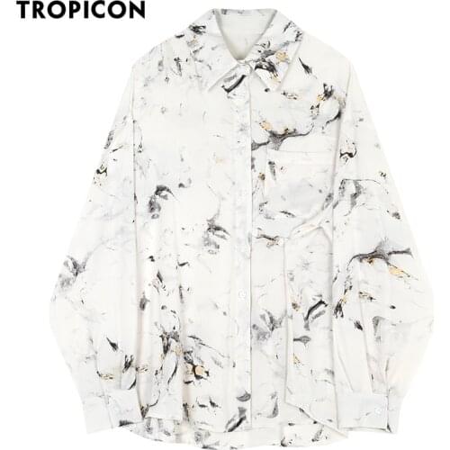 TROPICON Tie Dye White Long Sleeve Oversized Shirt Women Tops And Blouses Button Up Collared Loose Shirt Korean Fashion Clothing