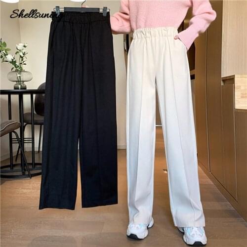 Shellsuning Solid Color Wild Straight Wide Leg Pants Female Winter Thickening New Korean Fashion High Waist Casual Long Pants
