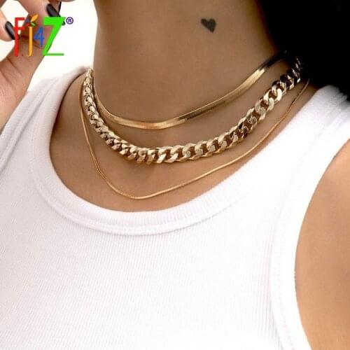 F.J4Z Women Trend Collar Necklaces Hit-hop 3layers Snake Chains Chokers Lady Cuban Chain Statement Necklace for Party
