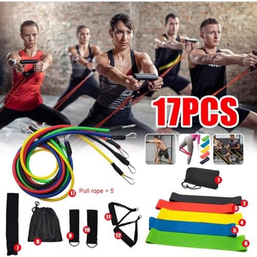 17 Pcs 100LB Elastic Resistance Bands Sets Workout Rubber Elast Band Fitness Sports Gym Exercise Equipment Training Pull Rope