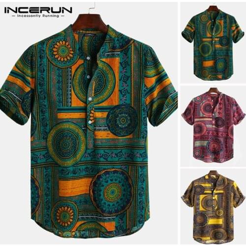 INCERUN Summer Printed Hawaiian Shirt Men Stand Collar Short Sleeve Tops 2021 Casual Shirts Streetwear Brand Camisa Masculina