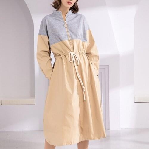 GOOHOJIO New 2020 Women Autumn Spring Dresses Sporty Style Patchwork Elastic Waist Zipper Long Sleeve Casual Lace Up Dresses