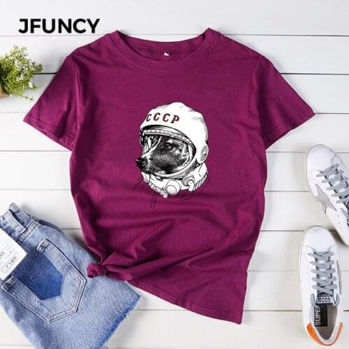 JFUNCY Short Sleeve Casual T-Shirt Summer Women Tops Laika CCCP Space Dog Print Cotton Tees Plus Size Woman Shirts Female Tshirt
