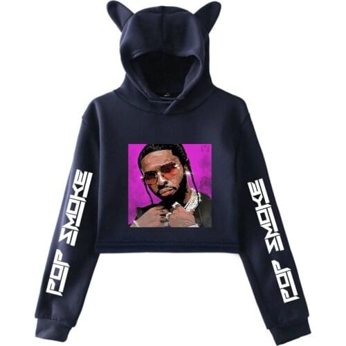 K-Pop Women Croped Sweatshirt Pop Smoke Cat ears Hooded Creative sudaderas Women Pop Smoke Hoodies Girls Sweatshirt Sexy Clothes