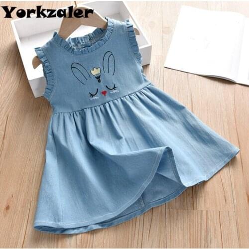 2020 Hot Sale Real Straight Baby Toddlers Kids Girl Solid Dress Rabbit Sleeveless Bag Demin Casual Dresses 2-6y