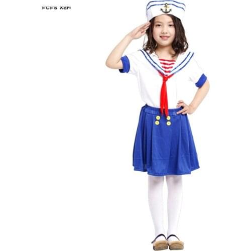 M-XL White and Blue Kids Girls Sailor Cosplay Children Halloween Navy Costumes Carnival Purim Stage play Masquerade Party dress