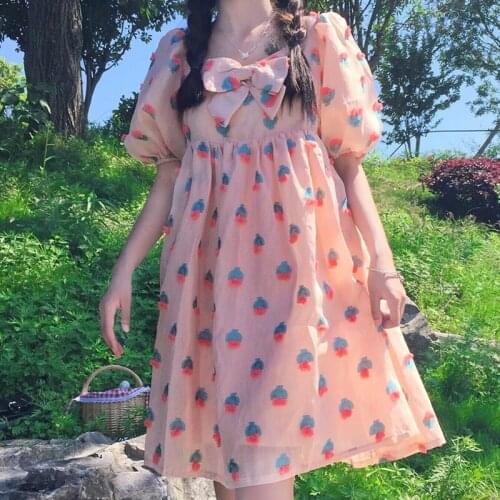 Japanese-Style Cute Strawberry Floral Puff Sleeves Midi Square Collar Bubble Skirt Full Body Dress Girls Summer lolita dress